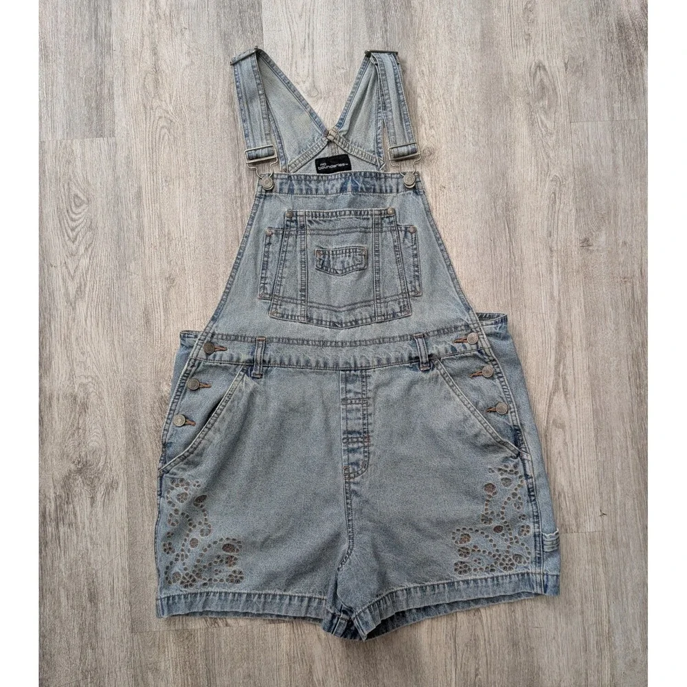 No Boundaries Y2K Embroidered Denim Shortalls Light Wash Juniors Large 11/13
